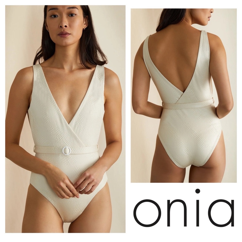 Onia Cream V-Neck Textured One-Piece with Belt
